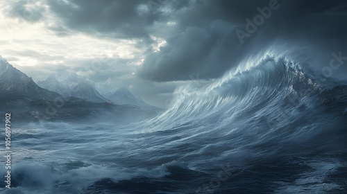 A massive wave, with its towering crest and powerful splash against the dark sky, creates an awe-inspiring scene of nature's grandeur.