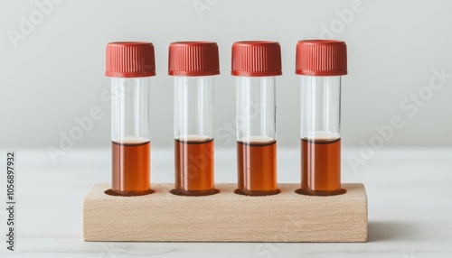 Four test tubes with reddish liquid on a wooden stand against a neutral background. photo