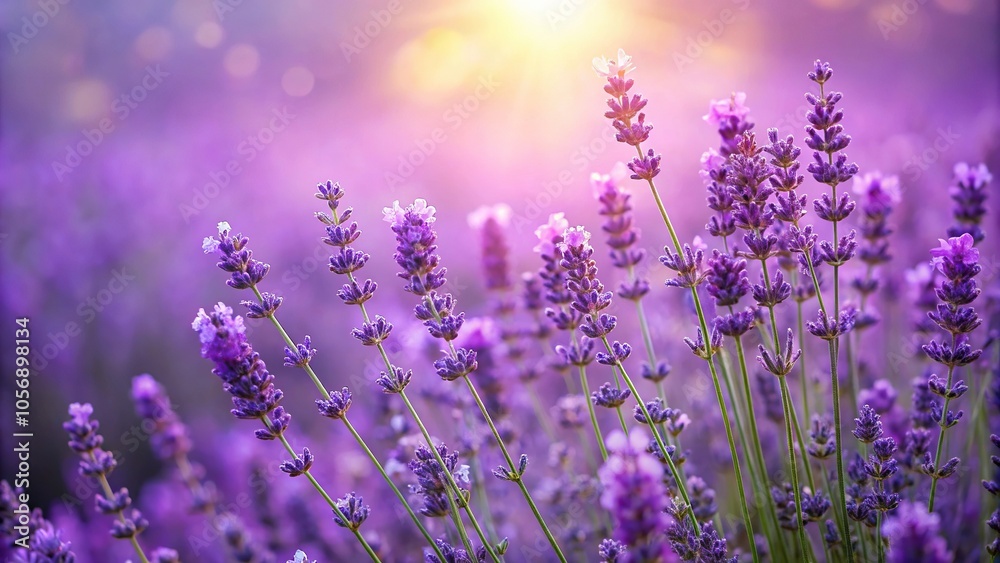 Naklejka premium Purple background with a blooming garden of lavender flowers in full bloom, floral arrangement, wildflowers, landscape, blooms, nature