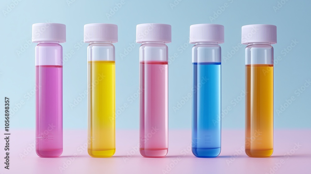 A row of five clear bottles, each containing a different colored liquid. The bottles are lined up on a table, with the first bottle on the left and the fifth on the right