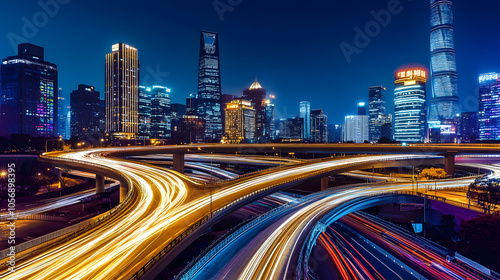 Urban nightscape with vibrant light trails