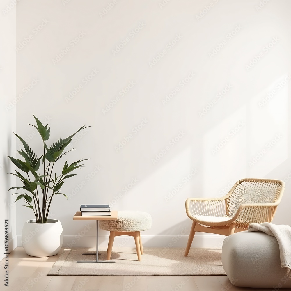 Minimalist living room with a white wall, wicker chair, and a plant in a white pot. Minimalist living room with a white wall, wicker chair, and a plant in a white pot.