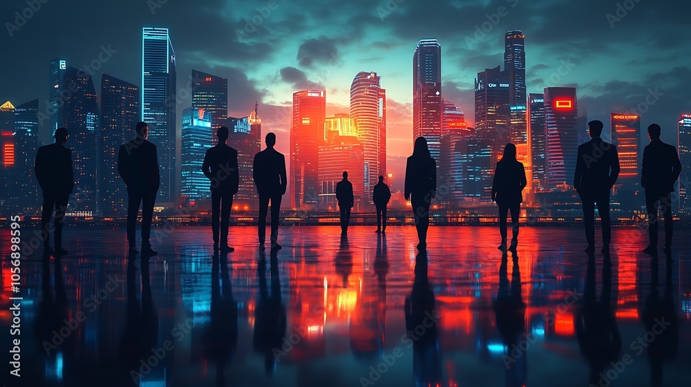 Silhouettes of professionals against a futuristic city skyline at dusk Silhouettes of professionals against a futuristic city skyline at dusk