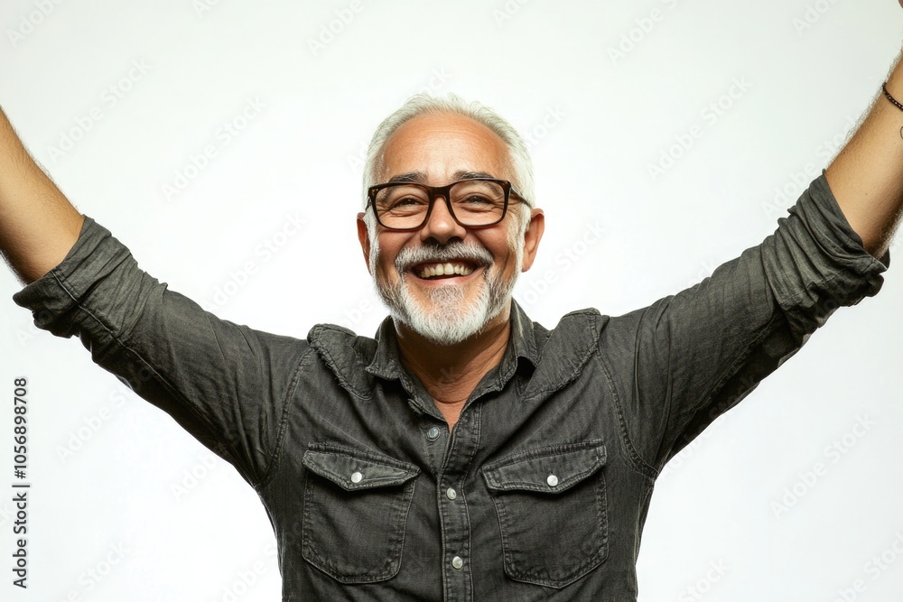 Obraz premium A man with glasses excitedly raises his arms in celebration, possibly at a sports event or party
