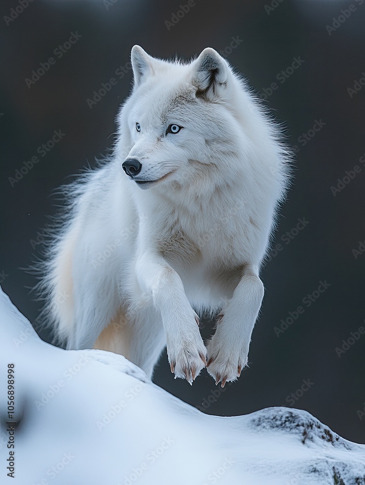Arctic white wolf jumps under sunlight over rocks on snowy terrain Arctic white wolf jumps under sunlight over rocks on snowy terrain
