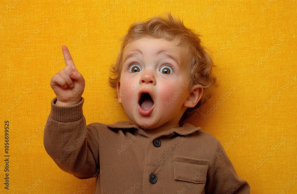 Portrait of an excited, happy little boy with his finger pointing up, isolated on a yellow background. Portrait of an excited, happy little boy with his finger pointing up, isolated on a yellow background.