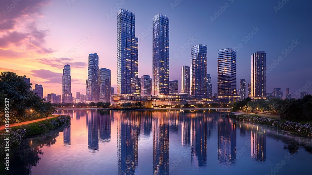 Stunning city skyline reflected in tranquil waters at dusk Stunning city skyline reflected in tranquil waters at dusk