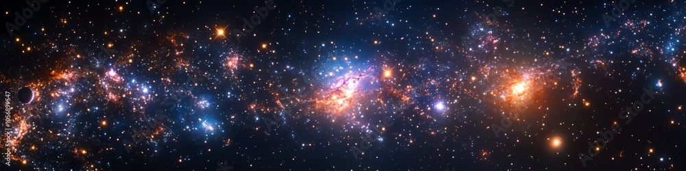 A long, colorful galaxy with many stars. The stars are in different colors and sizes. The galaxy is very bright and beautiful A long, colorful galaxy with many stars. The stars are in different colors and sizes. The galaxy is very bright and beautiful