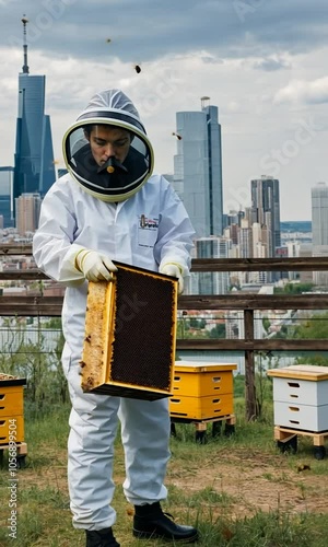 suit concept urban beehives bees person protective large flying background working towns city beekeeper beekeeping bee apiarist urban town apiculture honey man beehive honeycomb hive nature city
