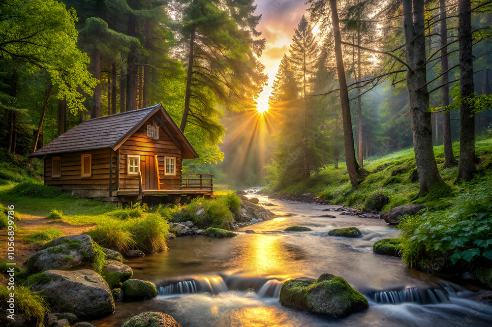 A serene riverside cabin bathed in golden light, surrounded by lush trees, creating a peaceful atmosphere in the forest at sunset. A serene riverside cabin bathed in golden light, surrounded by lush trees, creating a peaceful atmosphere in the forest at sunset.