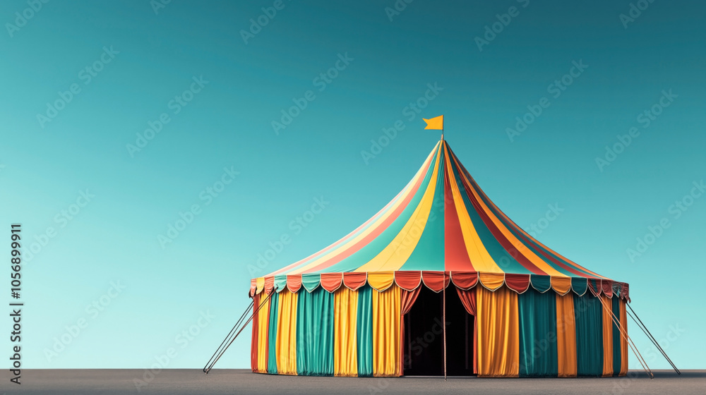 Vibrant circus tent with red, yellow, and green vertical stripes against a clear blue sky, featuring a small flag on top and open entrance, standing isolated on a flat ground. Vibrant circus tent with red, yellow, and green vertical stripes against a clear blue sky, featuring a small flag on top and open entrance, standing isolated on a flat ground.