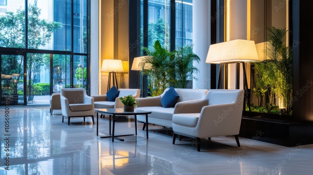 Obraz premium Stylish modern hotel lobby featuring sleek minimalist furniture and contemporary design elements.