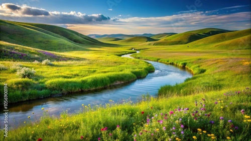 Rolling hills of green grass with a meandering stream and wildflowers, outdoors, nature