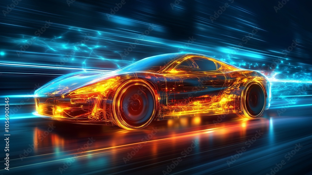 A car is shown in a futuristic style with a bright orange color. The car is on a road with a blue background A car is shown in a futuristic style with a bright orange color. The car is on a road with a blue background
