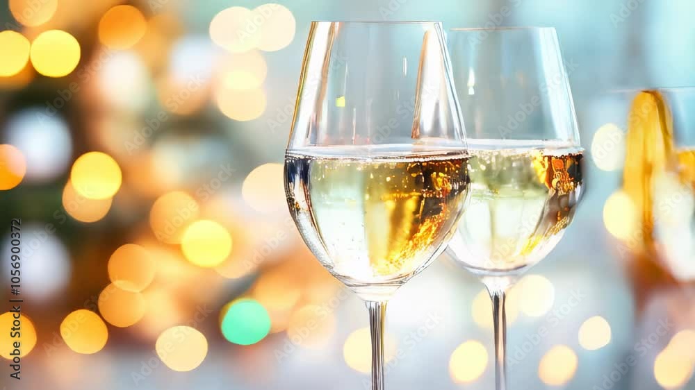Two champagne glasses filled with bubbles, with warm holiday bokeh lights in the background, setting a festive and celebratory mood. Two champagne glasses filled with bubbles, with warm holiday bokeh lights in the background, setting a festive and celebratory mood.
