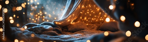 Cozy blanket fort lit by warm fairy lights, creating a magical and serene atmosphere perfect for relaxation and meditation.