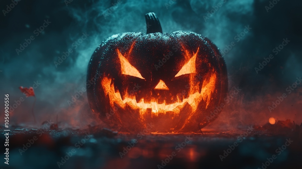 Glowing Jack-O-Lantern Halloween pumpkin in dark spooky atmosphere Glowing Jack-O-Lantern Halloween pumpkin in dark spooky atmosphere