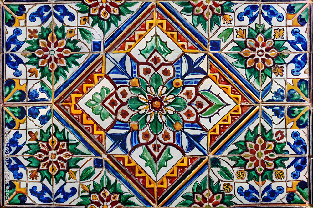 A vibrant, decorative tile design featuring intricate floral patterns in blue, green, yellow, and red colors, arranged in a symmetrical layout. A vibrant, decorative tile design featuring intricate floral patterns in blue, green, yellow, and red colors, arranged in a symmetrical layout.