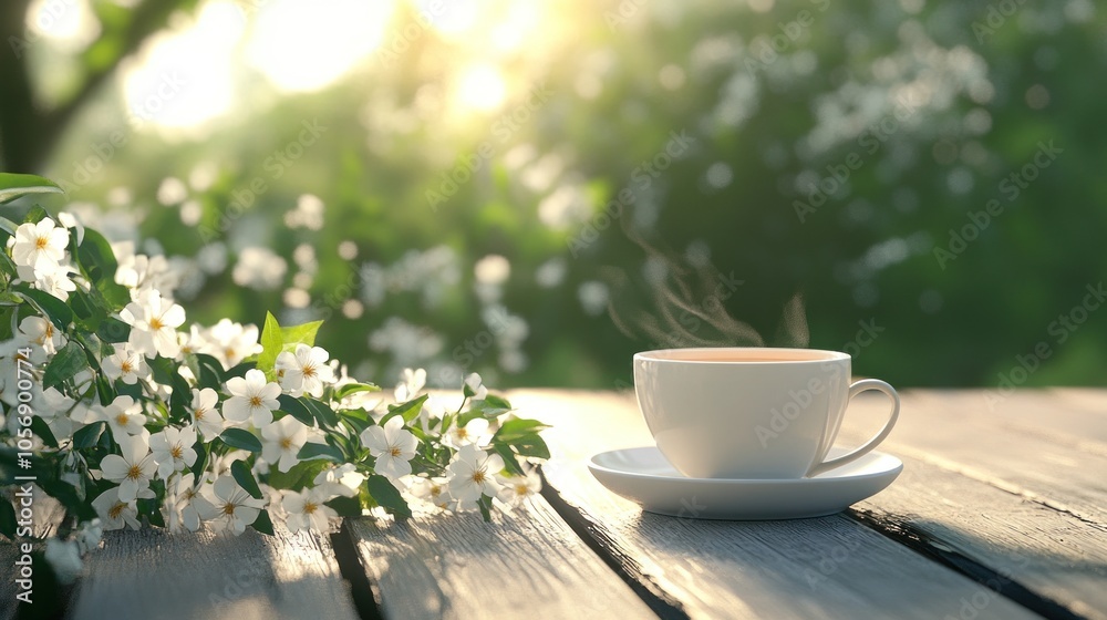 A serene cup of steaming tea beside blooming flowers on a wooden table. A serene cup of steaming tea beside blooming flowers on a wooden table.