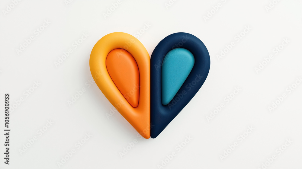 Abstract 3D illustration of a heart shape formed by two teardrop shapes, one in orange and yellow, and the other in blue and teal, on a white background. Abstract 3D illustration of a heart shape formed by two teardrop shapes, one in orange and yellow, and the other in blue and teal, on a white background.