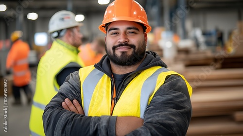 Confident construction worker in safety gear showcases team spirit and professionalism in industrial setting