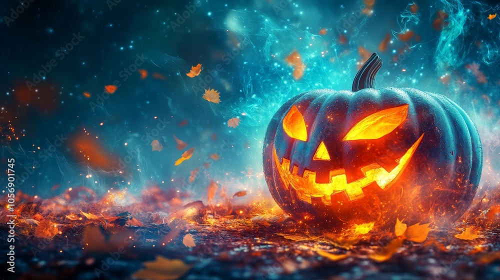 Glowing Jack-O-Lantern Halloween pumpkin in dark spooky atmosphere Glowing Jack-O-Lantern Halloween pumpkin in dark spooky atmosphere