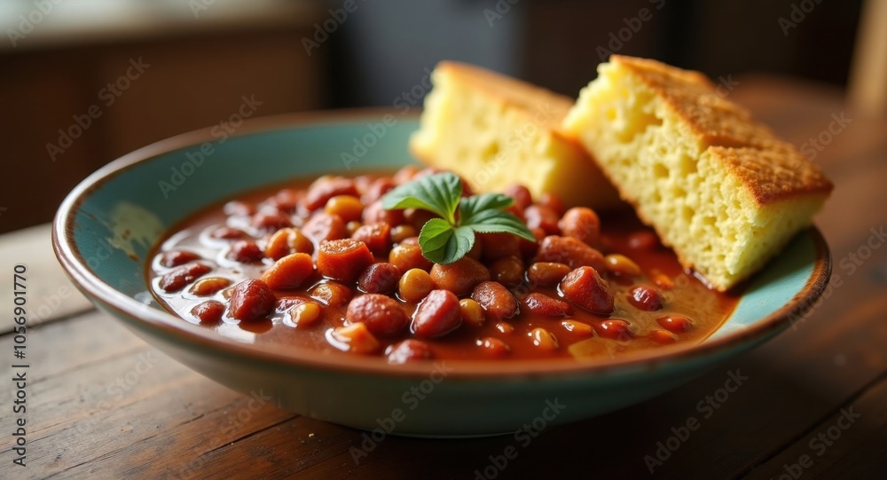 A bowl of steaming hot chili with cornbread on a rustic kitchen table A bowl of steaming hot chili with cornbread on a rustic kitchen table