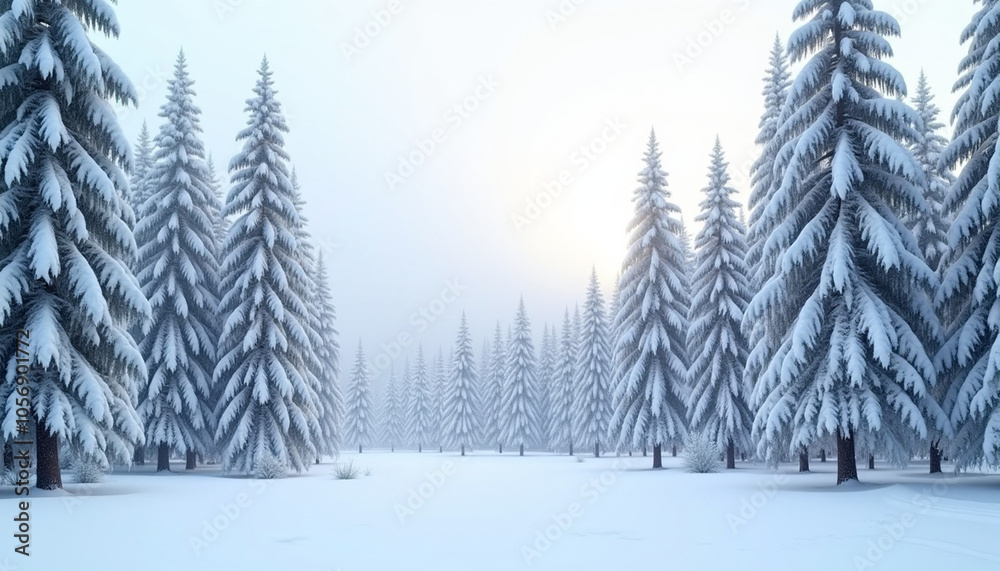 Snow-covered forest background, tall pine trees blanketed in white snow with soft, diffused light filtering through, serene and tranquil Snow-covered forest background, tall pine trees blanketed in white snow with soft, diffused light filtering through, serene and tranquil
