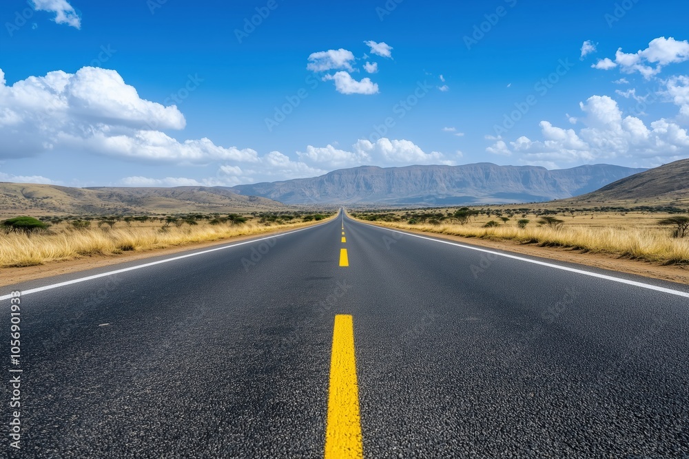 A long, empty road with a blue sky in the background A long, empty road with a blue sky in the background