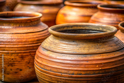 A close-up of traditional clay pots arranged closely, showcasing their earthy tones and textured surfaces.