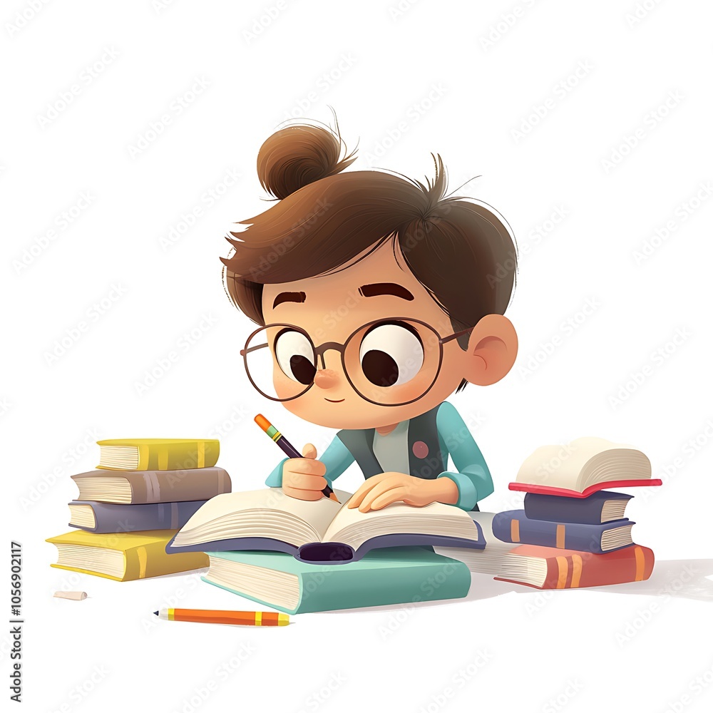 Cartoon kid studying diligently at a desk with books around on a white background. Cartoon kid studying diligently at a desk with books around on a white background.