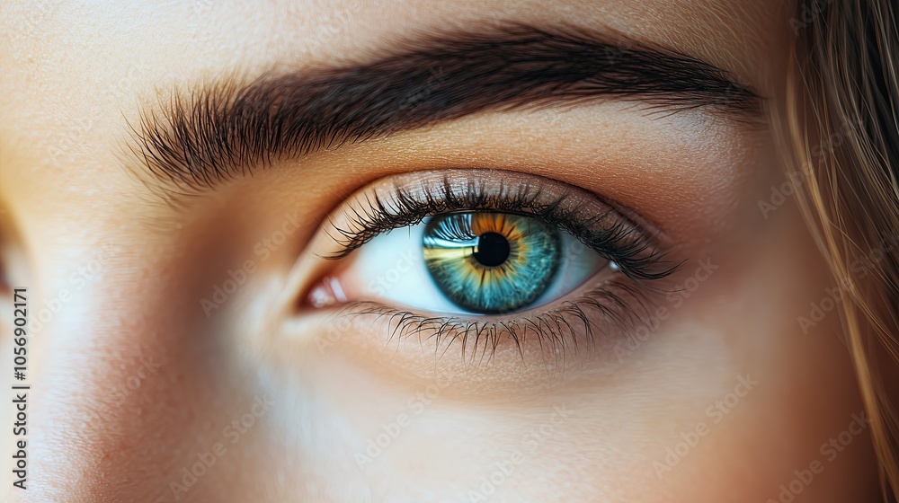 Fototapeta premium A woman's eye is open and has a blue iris. The eye is surrounded by a light blue shadow