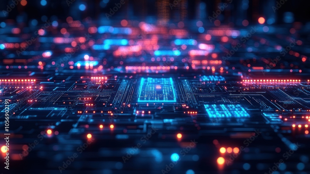 Obraz premium Abstract digital circuit board with glowing lights and patterns.