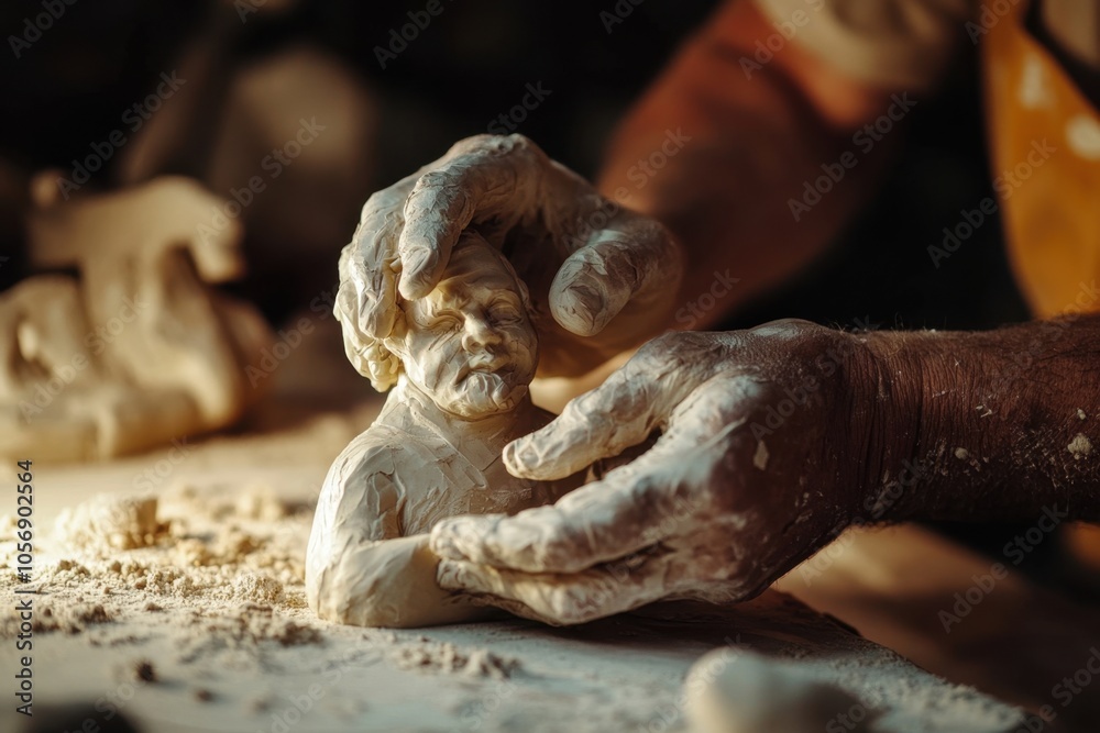 An artistic shot of a clay artist’s hands sculpting a detailed figurine, with focus on the texture of the clay and the precision of the artist’s fingers in a dimly lit studio An artistic shot of a clay artist’s hands sculpting a detailed figurine, with focus on the texture of the clay and the precision of the artist’s fingers in a dimly lit studio