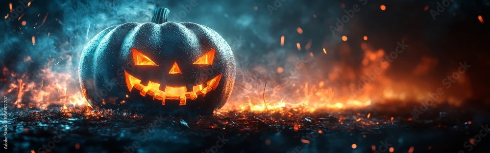 Glowing Jack-O-Lantern Halloween pumpkin in dark spooky atmosphere Glowing Jack-O-Lantern Halloween pumpkin in dark spooky atmosphere