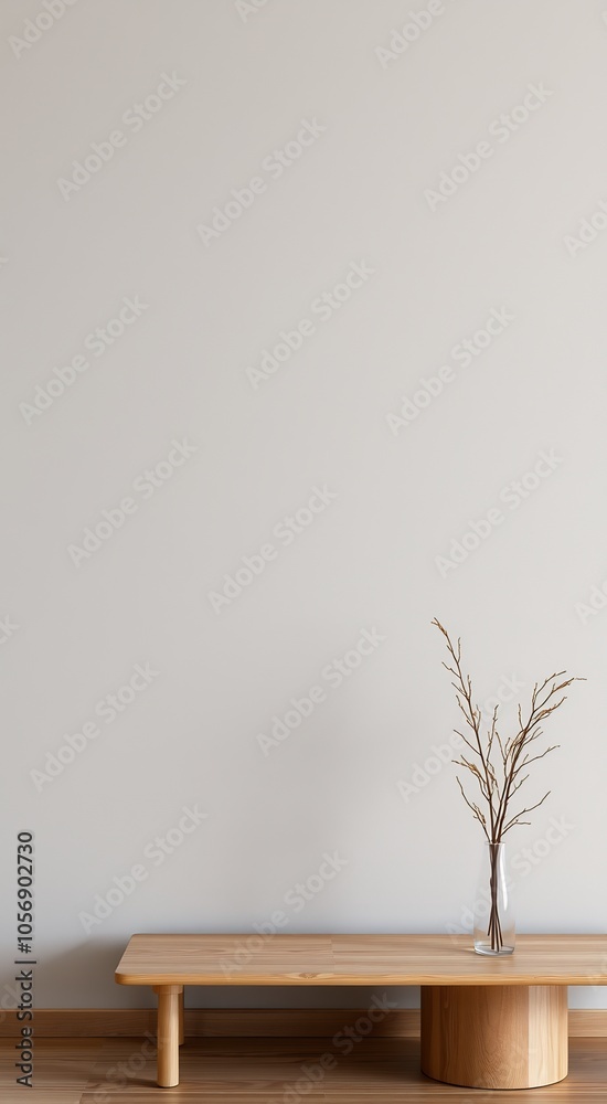 Minimalist wooden table with vase and branches in front of white wall. Minimalist wooden table with vase and branches in front of white wall.