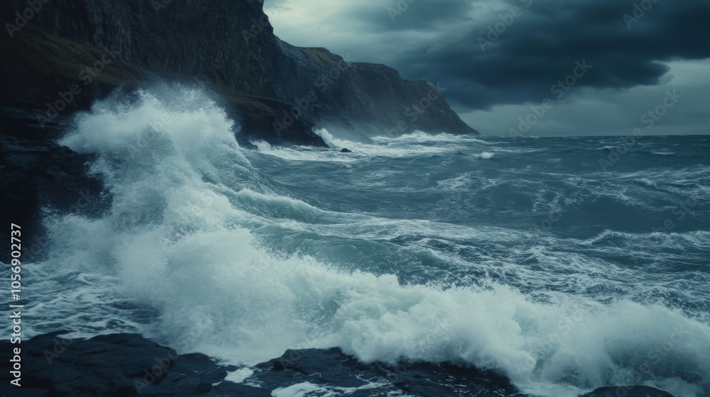 Dramatic Ocean Waves Crashing Against Rocky Coastline Under a Stormy Sky Dramatic Ocean Waves Crashing Against Rocky Coastline Under a Stormy Sky