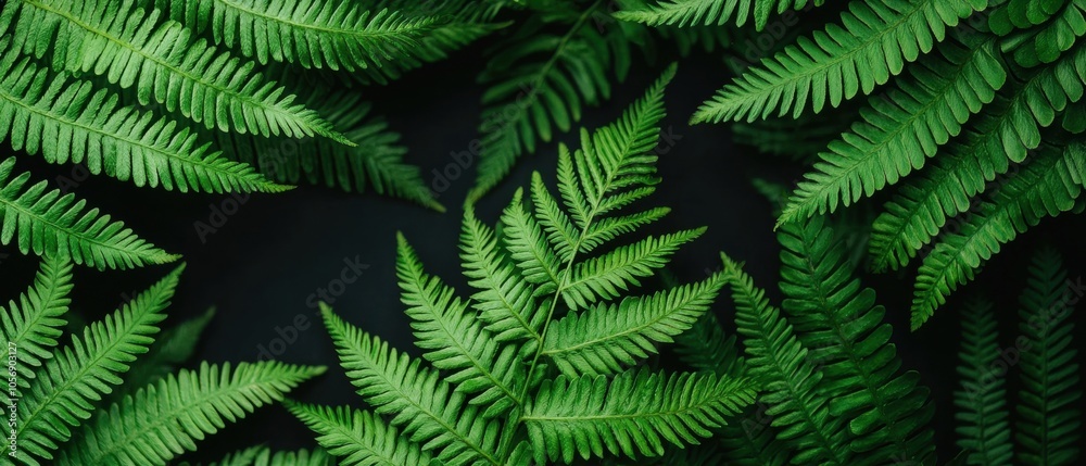 Vibrant green ferns on a dark background, showcasing their intricate patterns and natural beauty. Vibrant green ferns on a dark background, showcasing their intricate patterns and natural beauty.