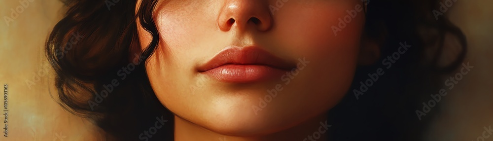Intimate close-up portrait of a mysterious woman's lips and chin, capturing an enigmatic expression with soft lighting and warm tones. Intimate close-up portrait of a mysterious woman's lips and chin, capturing an enigmatic expression with soft lighting and warm tones.