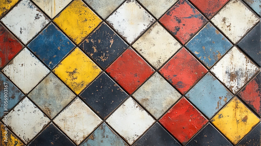 Grunge textured diamond tile pattern with red, yellow, blue, and white colors Grunge textured diamond tile pattern with red, yellow, blue, and white colors