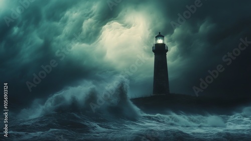 A solitary lighthouse stands tall against a stormy sea, its beacon of hope shining brightly.