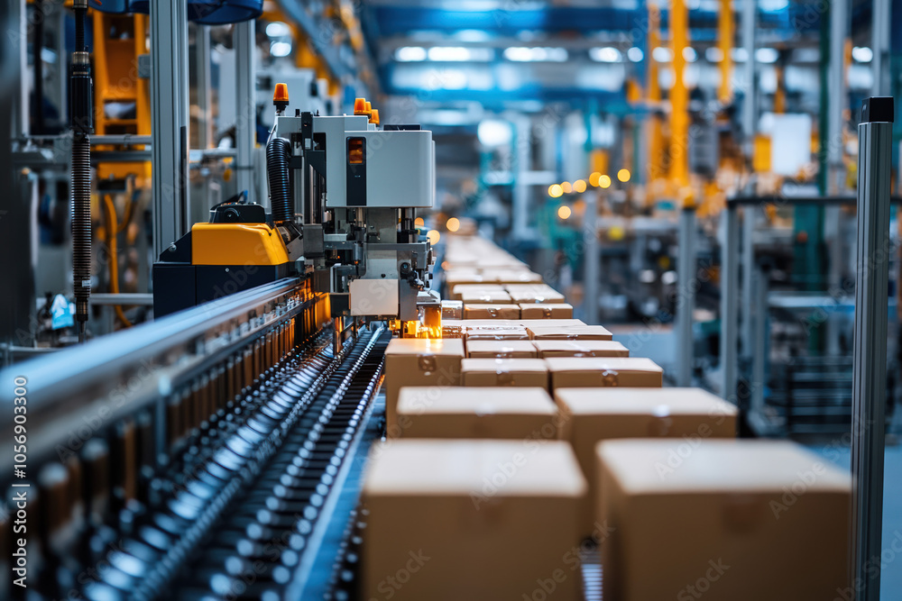 Fototapeta premium A highly automated warehouse scene with conveyor belts transporting neatly arranged cardboard boxes in a well-lit industrial setting.