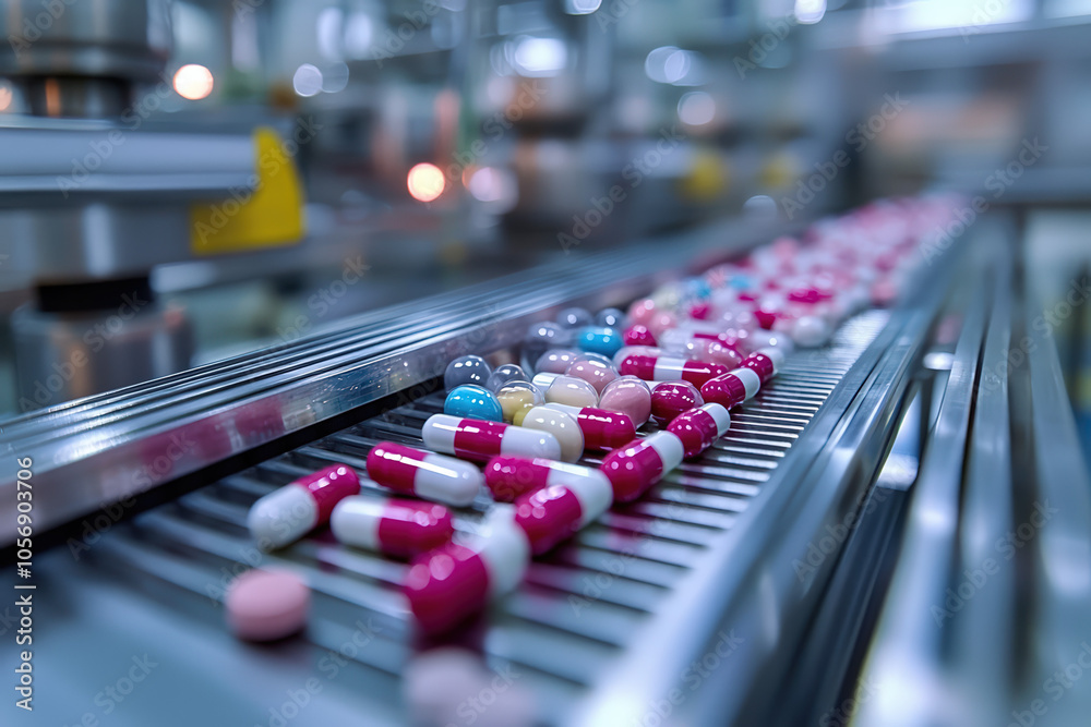 A close-up of colorful capsules on a conveyor belt in a pharmaceutical manufacturing facility, illustrating the production process of medications. A close-up of colorful capsules on a conveyor belt in a pharmaceutical manufacturing facility, illustrating the production process of medications.