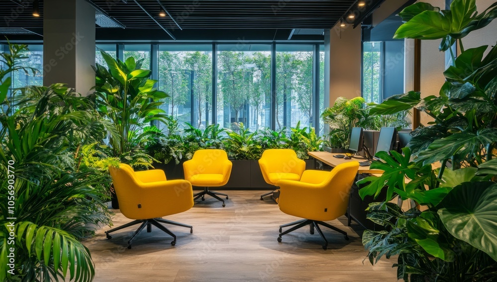 Fototapeta premium Modern Office with Lush Plants and Yellow Chairs