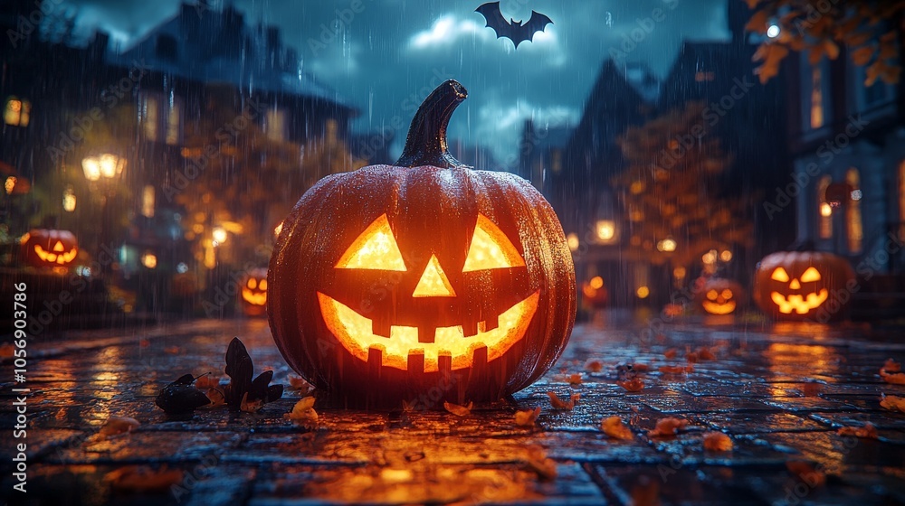 Glowing Jack-O-Lantern Halloween pumpkin in dark spooky atmosphere Glowing Jack-O-Lantern Halloween pumpkin in dark spooky atmosphere