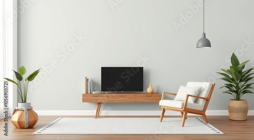 Modern living room with a flat screen tv, armchair, and a white rug on the wooden floor. photo