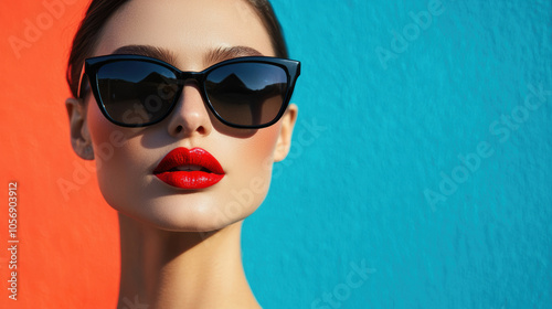 Close-up portrait of a stylish woman with sunglasses and bold red lipstick, glamorous and chic vibe, bright and vibrant background