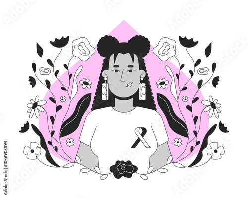 Hispanic woman promoting breast cancer awareness black and white 2D illustration concept. Mammogram campaign. Latina female with pink ribbon outline character isolated. Metaphor monochrome vector art