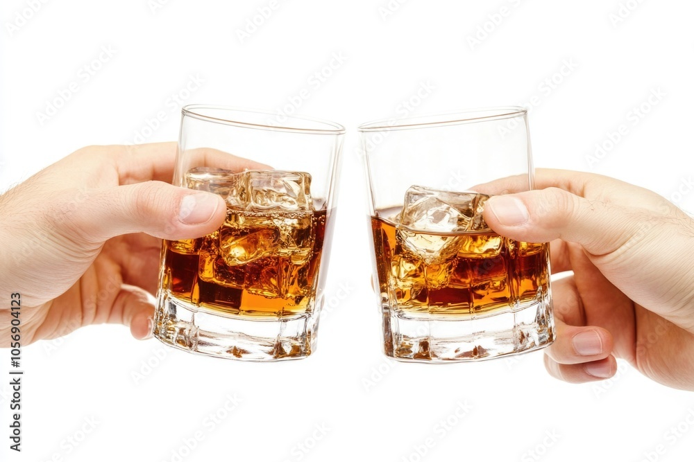 Two hands hold glasses of whiskey with ice cubes Two hands hold glasses of whiskey with ice cubes