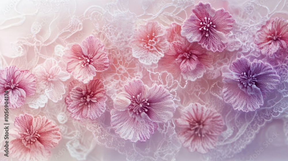 Delicate Lace Fabric with Embroidered Floral Motifs in Pink and Purple Hues Delicate Lace Fabric with Embroidered Floral Motifs in Pink and Purple Hues